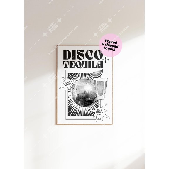Retro Disco Tequila Funky Bar Cart Art, Unframed Poster