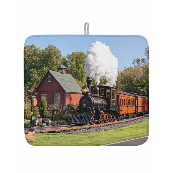 Retro Dish Drying Mat 16x18 inch Train Motor Vehicle Building Sky Grass Country Scenery Super Absorbent Microfiber Dish Drying Pad for Kitchen Countertops Sink Dish Drainer Racks Bar Mats 1 Pack