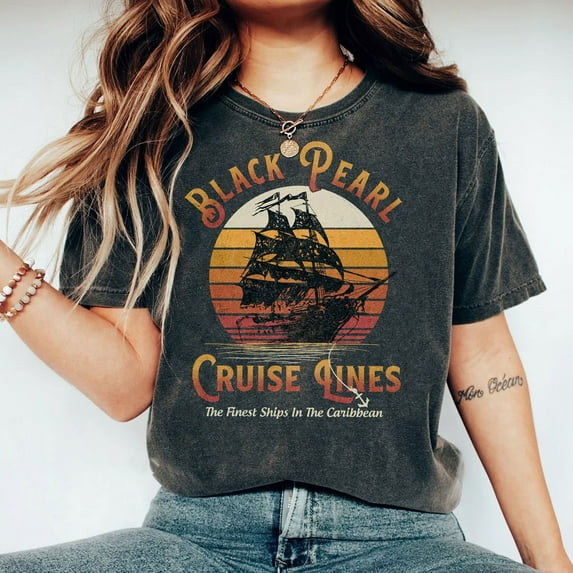 Retro Disney Black Pearl Cruise Lines Shirt, Pirates Of The Caribbean Comfort Colors T-shirt, Walt Disney World, Disneyland Vacation Tee,Navy color,size XL