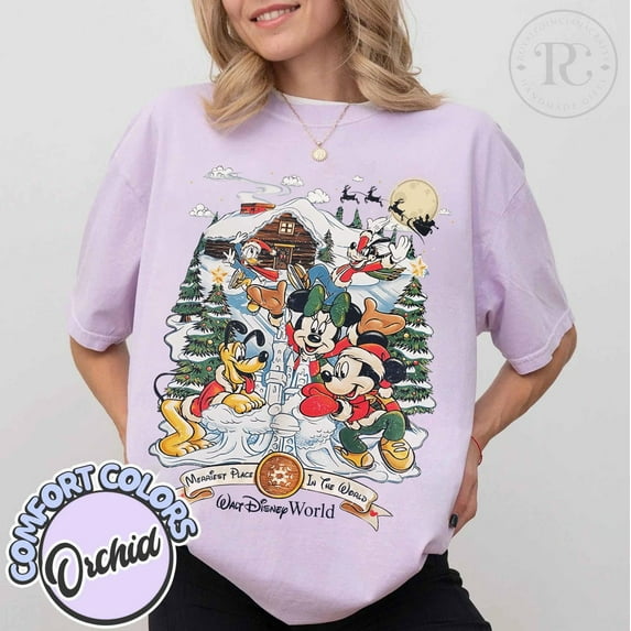 Retro Disney Mickey And Friends Christmas Shirt, Comfort Color Mickey's Very Merry Christmas Party 2025 Shirt, Disneyworld Family Christmas Matching Shirt,Orchid Color,Size 2XL