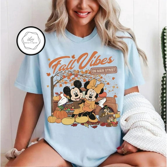 Retro Disney Mickey and Minnie Fall Vibes on Main Street Comfort Colors T-Shirt, Fall Pumpkin Disney Thanksgiving, Disneyland Spice Season Autumn Shirt,Chambray Color,Size M