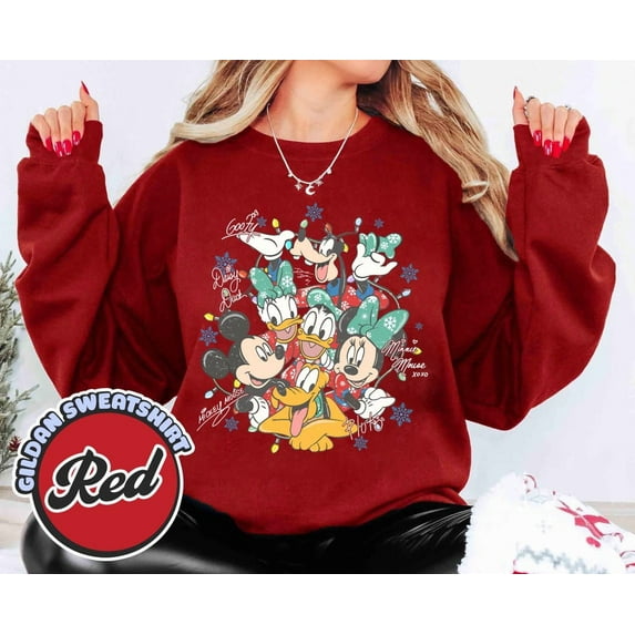 Retro Disney Mickey and Friends with Signatures Christmas Shirt, Vintage Disney Holiday Sweatshirt, Family Christmas