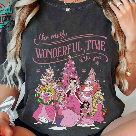 Retro Disney Princess Characters Pink Holiday Shirt, It'S The Most Wonderful Time Of The Years Tshirt, Mickey Very Merry Xmas Shirt, S-5XL Shirt