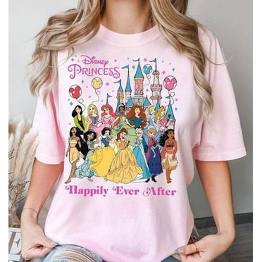 Retro Disney Princess Characters Shirt, Happily Ever After Mickey Balloons Unisex T-shirt, Disney Castle Ariel Belle Elsa Tiana Tee, Magic Kingdom Shirt, Unisex T-shirt for Men and Women, Size S-3XL