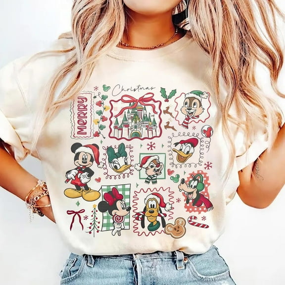 Retro Disney Santa Mickey And Friends Shirt, Mickey's Very Merry Christmas Party 2025 Shirt, Disneyland Vacation Family Matching Trip Shirt,Sand Color,Size XL