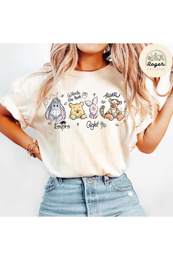 Retro Disney Winnie The Pooh Sketch Hundred Acre Wood Pooh Piglet Tigger T-Shirt All Size S-5XL
