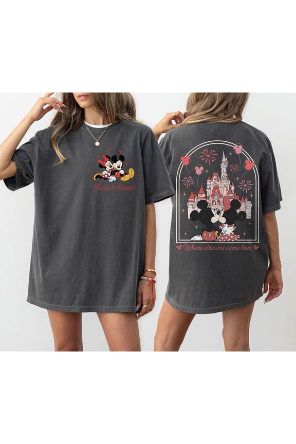 Retro Disneyworld Mickey Minnie Valentine Where Dreams Come True Disneyland Couple Honeymoon Lover T-Shirt All size S-3XL
