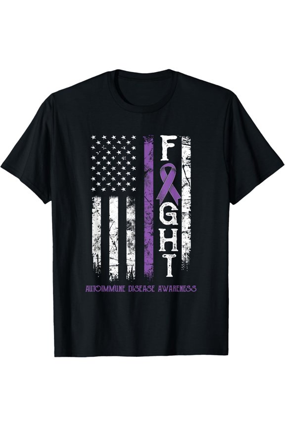Retro Distressed American Flag Autoimmune Disease Awareness Purple Ribbon Fight Warrior Support Graphic T-Shirt for Men Women Unisex