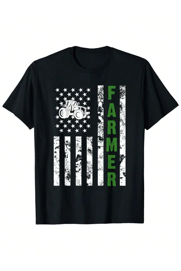 Retro Distressed American Flag Farmer T-Shirt Patriotic Tractor Graphic Tee for Men Unisex Farming Agriculture Apparel