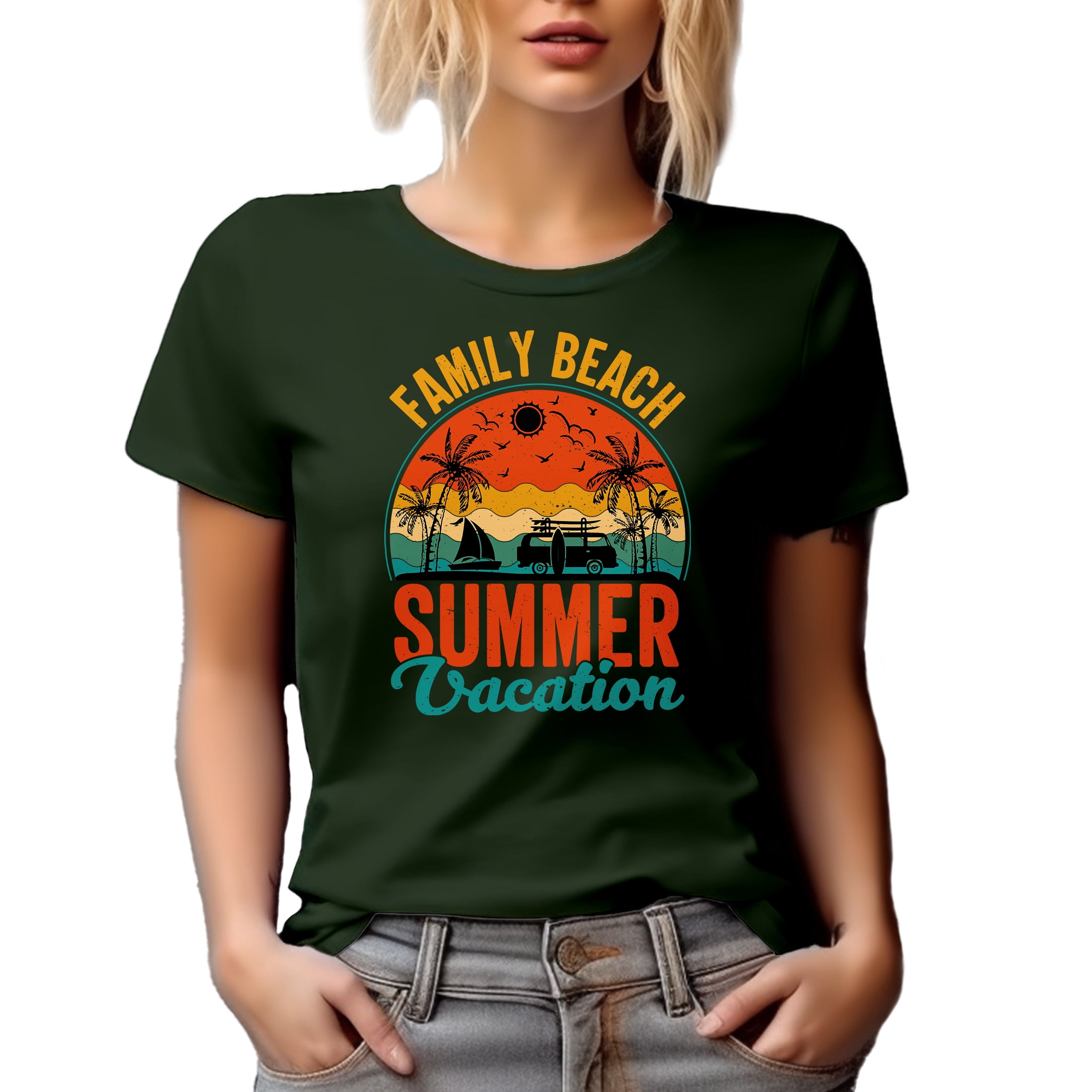 Retro Distressed Family Beach Summer Vacation feat. a Surf Van & Palm Trees, Military Green T-Shirt, Large