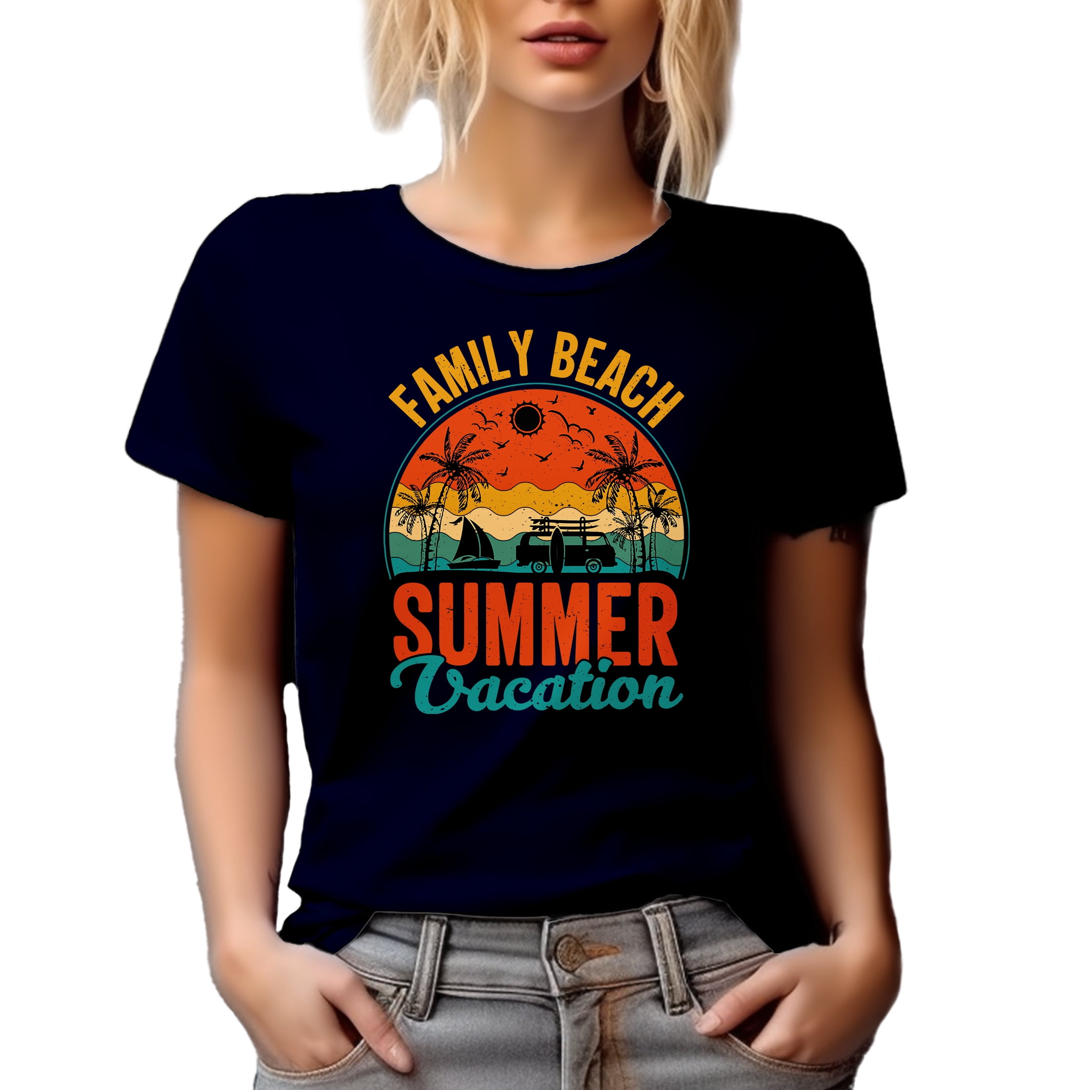 Retro Distressed Family Beach Summer Vacation feat. a Surf Van & Palm Trees, Navy Blue T-Shirt, 3XL