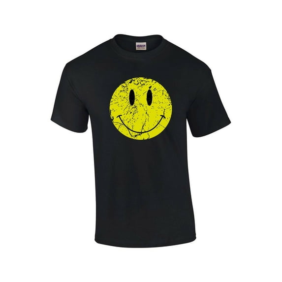 Retro Distressed Happy Face Smile Mens Short Sleeve T-shirt Graphic Tee-Black-large
