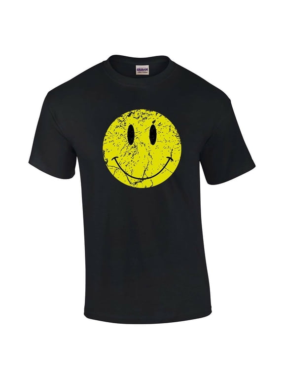 Retro Distressed Happy Face Smile Mens Short Sleeve T-shirt Graphic Tee-Black-large