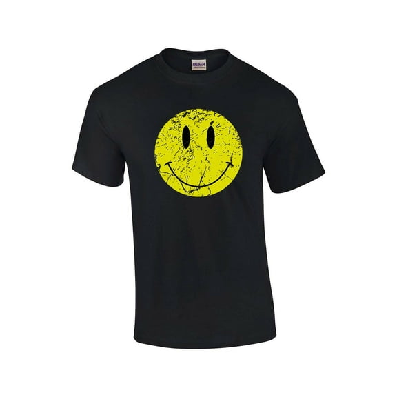 Retro Distressed Happy Face Smile Mens Short Sleeve T-shirt Graphic Tee-Black-small