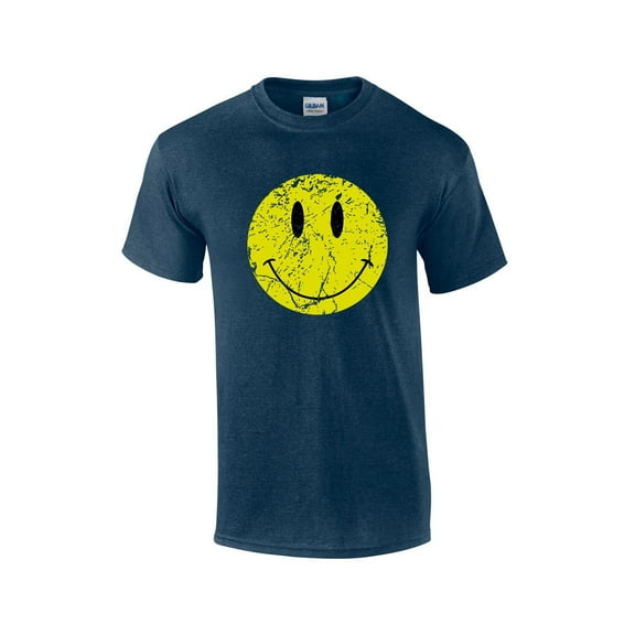Retro Distressed Happy Face Smile Mens Short Sleeve T-shirt Graphic Tee-Heather Navy-xxl