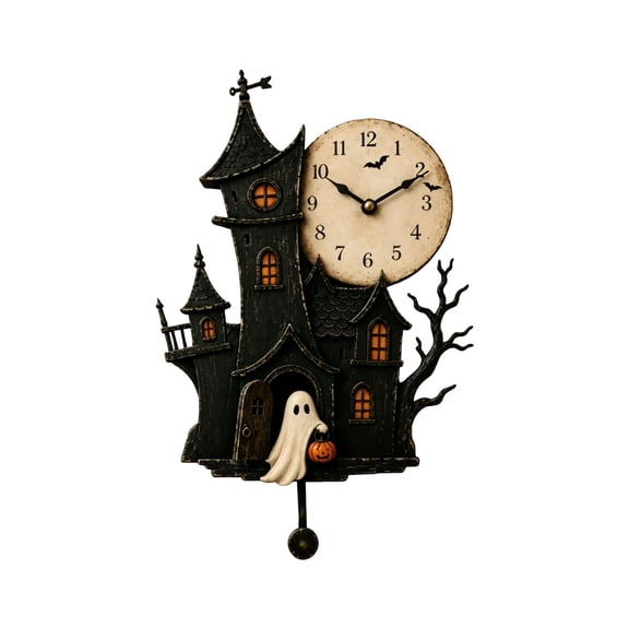 Retro Distressed Wooden Halloween Ghost Castle Wall Clock with Swinging and Pumpkin Ghost Design, Single Piece, Black, for Indoor Home Party, Wall Decoration