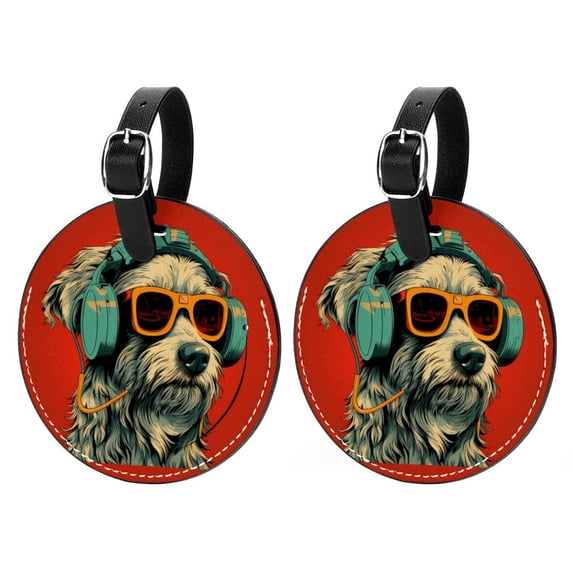 Retro Dog 2Pcs PU Leather Round Luggage Tags with Privacy Cover and Name ID Tag for Suitcase, Handbags, Backpacks, School Bags