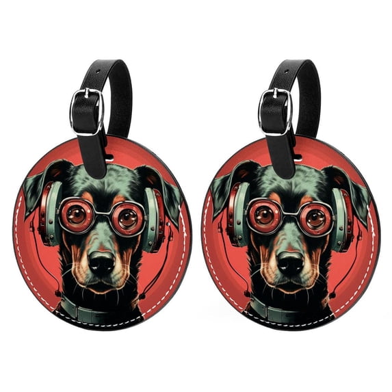 Retro Dog 2pcs PU Leather Round Bag Tags Suitcase Handbag Tags with Privacy Cover and Name ID Tag for Travel Luggage, Handbags, Backpacks, School Bags