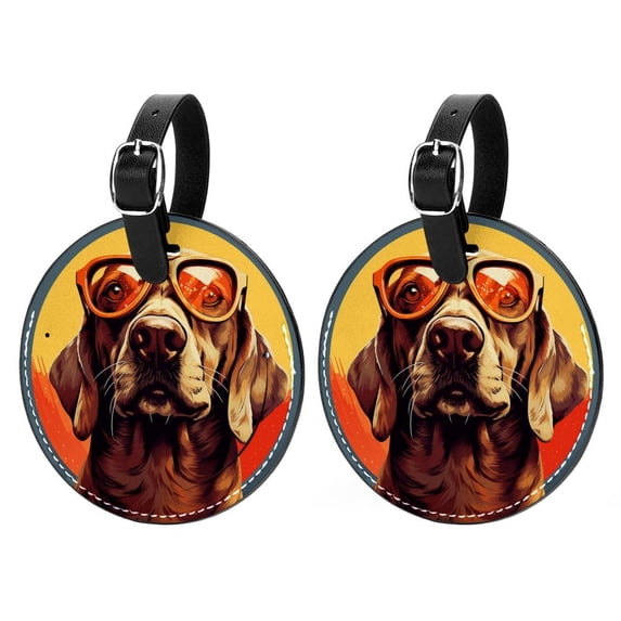 Retro Dog 2pcs PU Leather Round Bag Tags Suitcase Handbag Tags with Privacy Cover and Name ID Tag for Travel Luggage, Handbags, Backpacks, School Bags