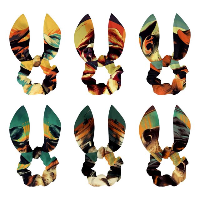 Retro Dog 6Piece Polyester Hair Rings Set with Detachable Rabbit Ears