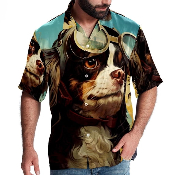 Retro Dog Men's Poplin Casual Printed Button Down Short Sleeve Summer Beach Shirts Unisex
