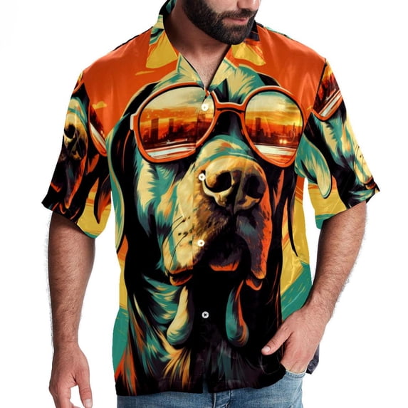 Retro Dog Men's Short Sleeve Beach Shirts Button Down Poplin Casual Printed Summer Unisex