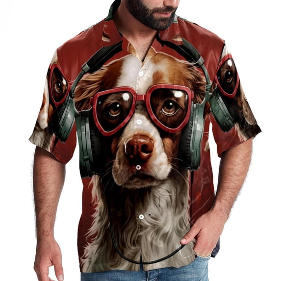 Retro Dog Men's Short Sleeve Beach Shirts, Casual Printed Button Down Poplin Shirt Summer.