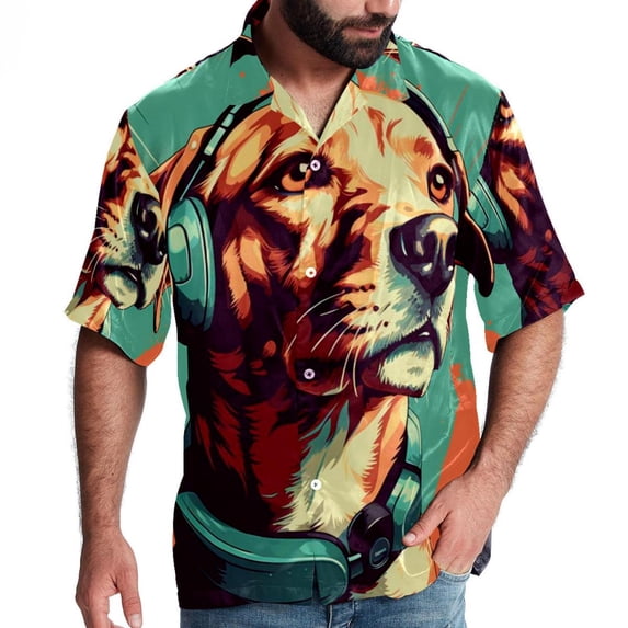 Retro Dog Men's Short Sleeve Hawaiian Beach Shirts, Casual Printed Button Down Spread Collar Tops, Summer Unisex Style