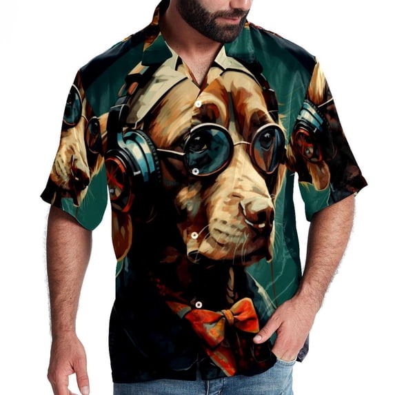 Retro Dog Men's Short Sleeve Hawaiian Beach Shirts, Casual Printed Button Down Spread Collar Tops, Summer Unisex Style