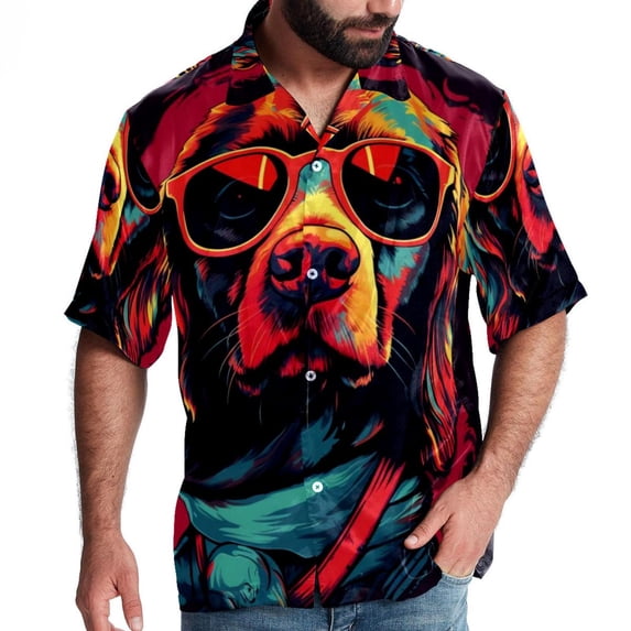 Retro Dog Men's Short Sleeve Poplin Beach Shirts, Casual Printed Button Down Summer Hawaiian Shirt - Unisex