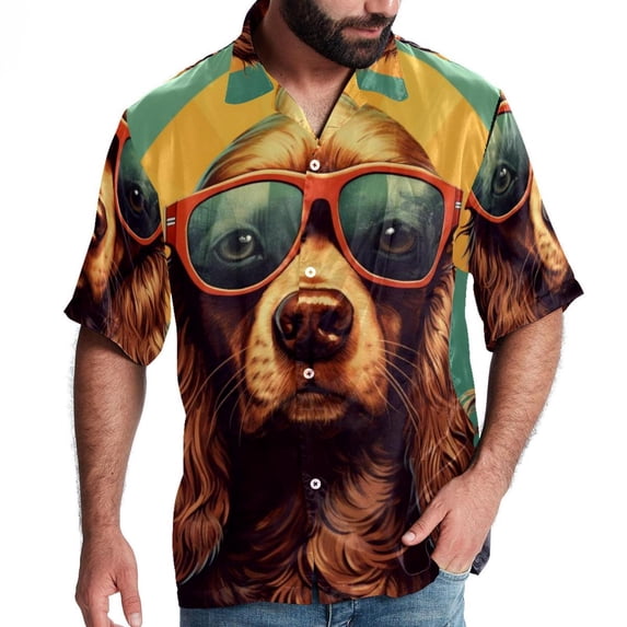Retro Dog Men's Short Sleeve Poplin Beach Shirts, Casual Printed Button Down Summer Hawaiian Shirt - Unisex