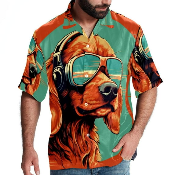 Retro Dog Men's Short Sleeve Printed Button Down Beach Shirt Casual Summer Unisex Tops with Spread Collar