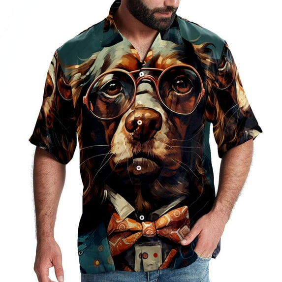 Retro Dog Men's Short Sleeve Printed Button Down Beach Shirt Casual Summer Unisex Tops with Spread Collar
