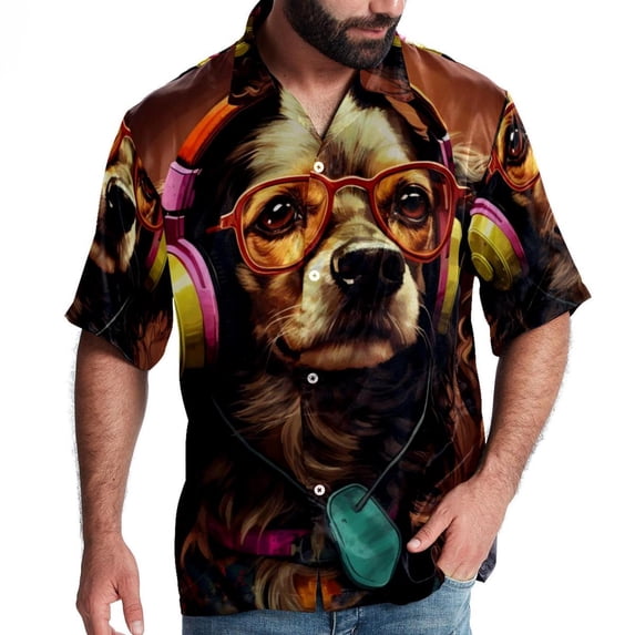 Retro Dog Men's Short Sleeve Spread Collar Beach Shirts Casual Printed Button Down Unisex Summer Tops