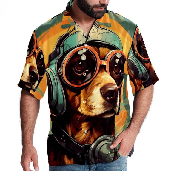 Retro Dog Men's Short Sleeve Spread Collar Poplin Shirt, Casual Printed Button Down Summer Beach Tops for Men, Unisex Comfortable Shirts