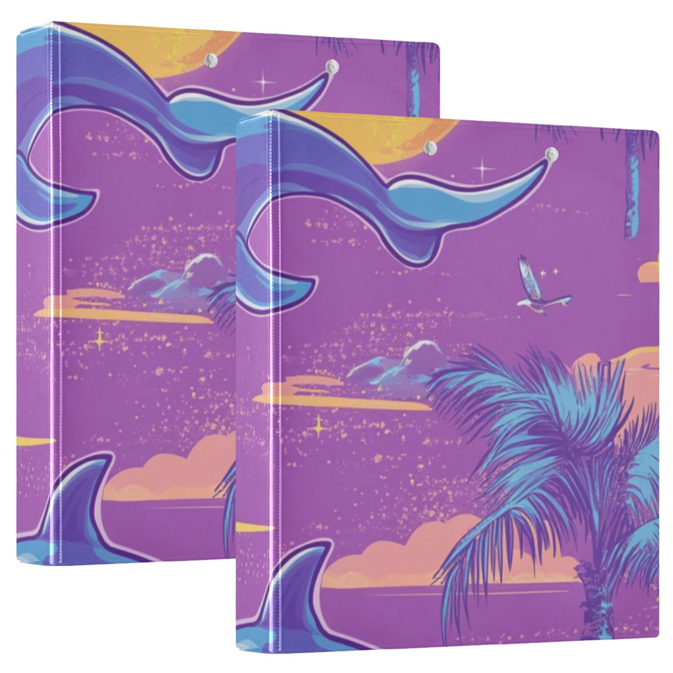 Retro Dolphins Trees 3 Ring Binders 1.5 inch Hardcover File Folders with Interior Pockets A4 Size Organizer for School Office Hospital