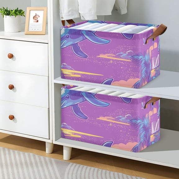 Retro Dolphins Trees Foldable Storage Large Fabric Storage Baskets Organizer Storage Bins with Handles for Shelves