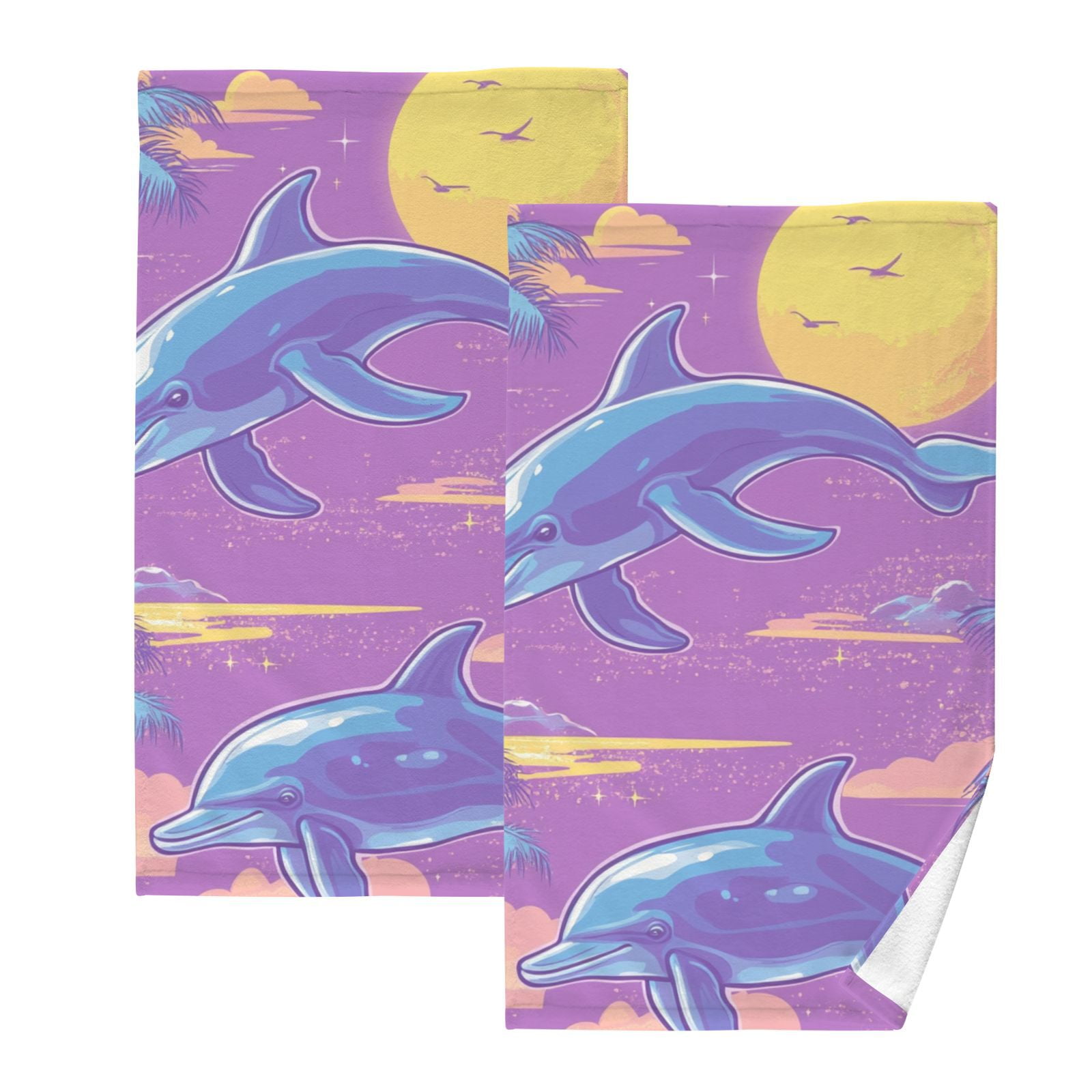 Retro Dolphins Trees Hand Towels Cotton Bath Towels Large Face Towels Absorbent for Bathroom 2 Packs