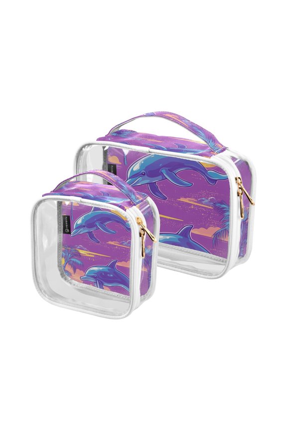 Retro Dolphins Trees Makeup Bags Set Travel Toiletry Bags Portable Cosmetic Bags Organizer Waterproof 2 Packs