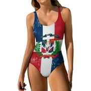 Retro Dominican Republic Flag Women's One Piece Swimsuit Tummy Control Bathing Suit Backless Swimwear