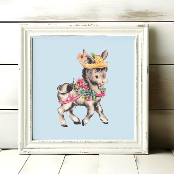 Retro Donkey Nursery Print Vintage Baby Burro Wall Art Cute Room Decor Kitschy Pink Blue Tan, Unframed Paper Print