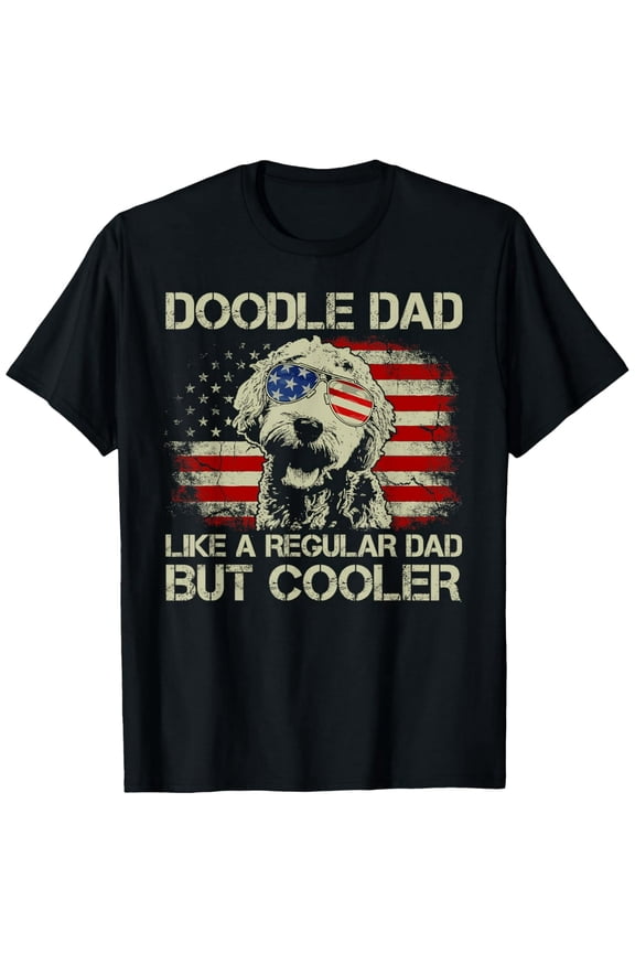 Retro Doodle Dad American Flag Men's T-Shirt - Funny Goldendoodle Labradoodle Dog Lover Father's Day Gift - Vintage Patriotic Graphic Tee for Men