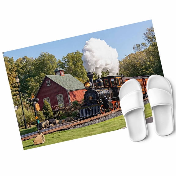 Retro Door Mat Train Motor Vehicle Building Sky Grass Country Scenery Non Slip Absorbent Entrance Mat Washable Low Profile Indoor Doormat for Front Door Entryway Entry 16"x24"