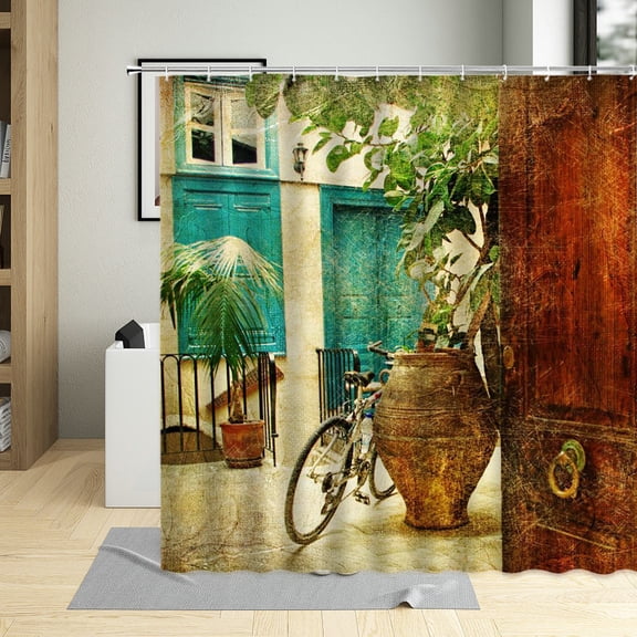 Retro Door Vintage Bicycle Spring Bath Curtain Bathroom Decor Screens Waterproof Polyester Fabric Shower Curtain With 12 Hook