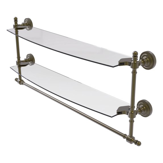 Retro Dot Collection Two Tiered Glass Shelf with Integrated Towel Bar - Antique Brass / 24 Inch