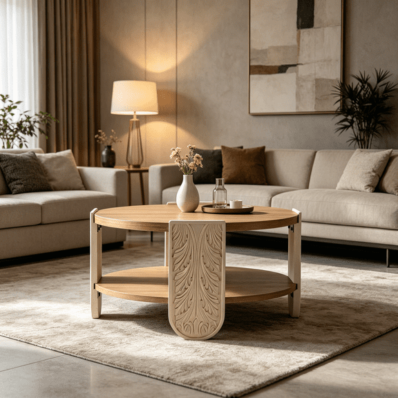 Retro Double-Layer Storage Coffee Table, Hand-Carved Solid Wood End Table in Natural Finish for Palace Style Decor
