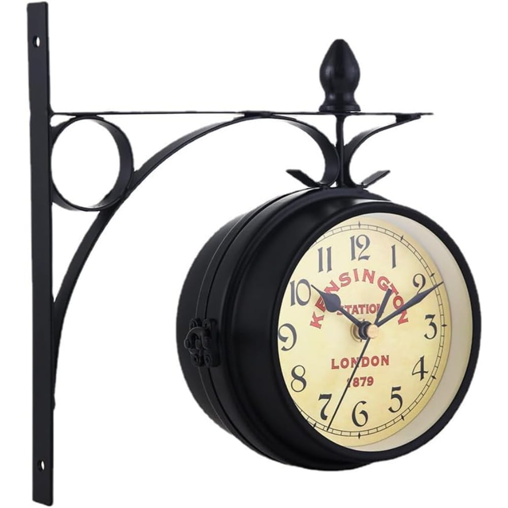 Retro Double-Sided Station Clock,Vintage Industrial Two Sides Wall Hanging Clock 5inch Garden Wall Clock, Black