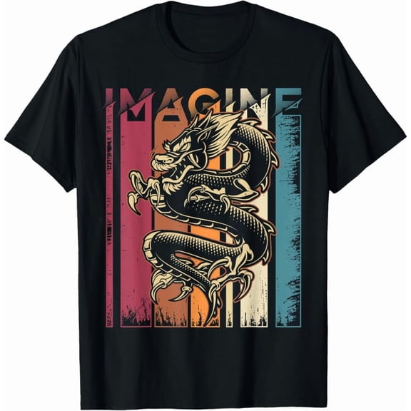 Retro Dragon Imagine Quote Art Front Print Vintage Stripe Fantasy Illustration Inspirational Graphic Shirt Unisex Cotton T-Shirt, Sizes S-5XL