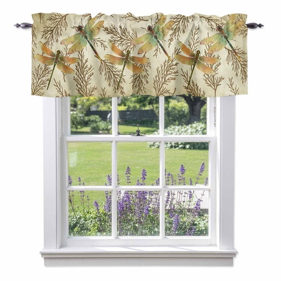 Retro Dragonflies Branches on Brown Valances for Windows,Kitchen Valance Rod Pocket Short Curtain, Abstract Plants Valance Curtain Window Valances for Bedroom Bathroom Living Room 42x12in