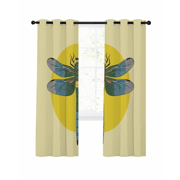 Retro Dragonfly Blackout Curtains 63 Inch Length Inset Yellow Circles Modern Abstract Simple Thermal Insulated Window Curtain Window Drapes 2 Panels for Bedroom Living Room 42"Wx63"L